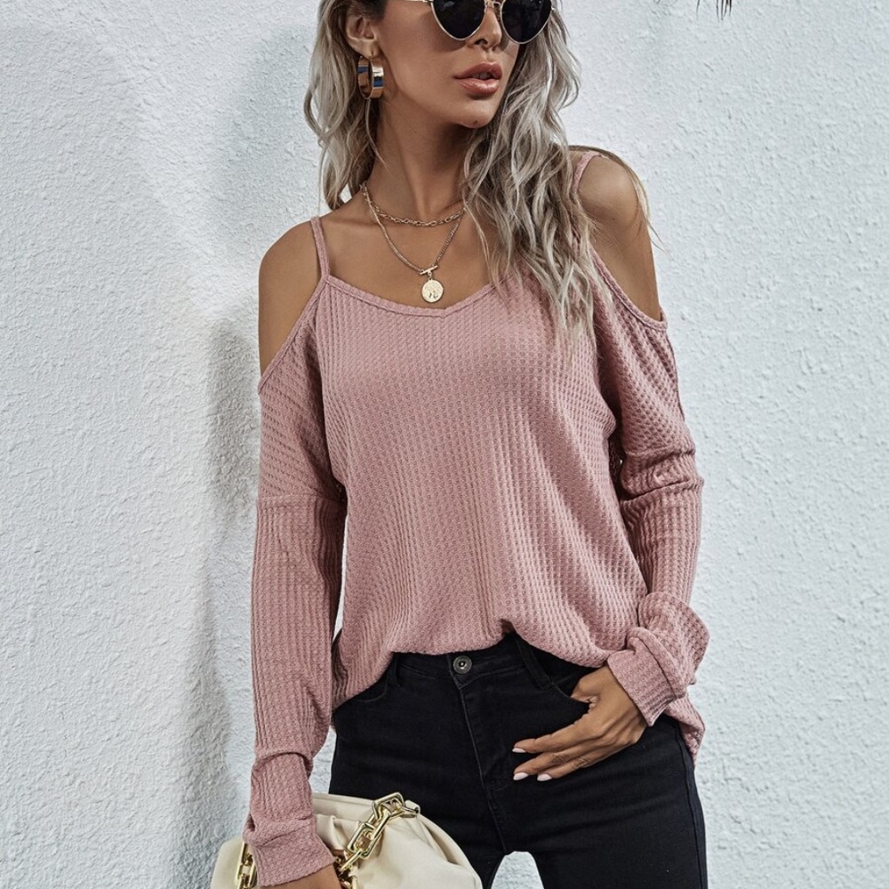 Khaki off shoulder waffle long sleeve knit top - Picture 3 of 16